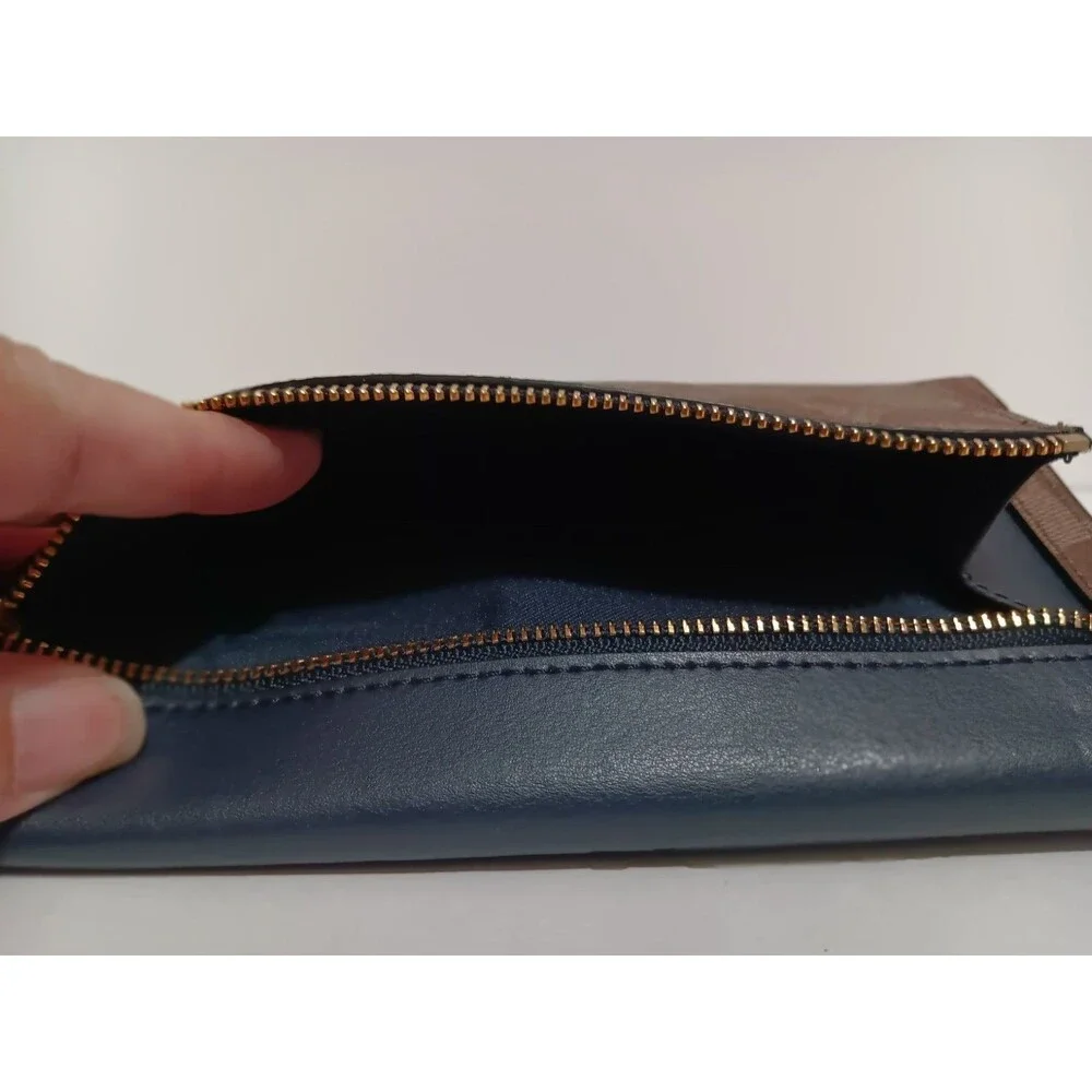 COACH Trifold Wallet Mid-Night Blue Leather / Signature Tan Canvas 88024